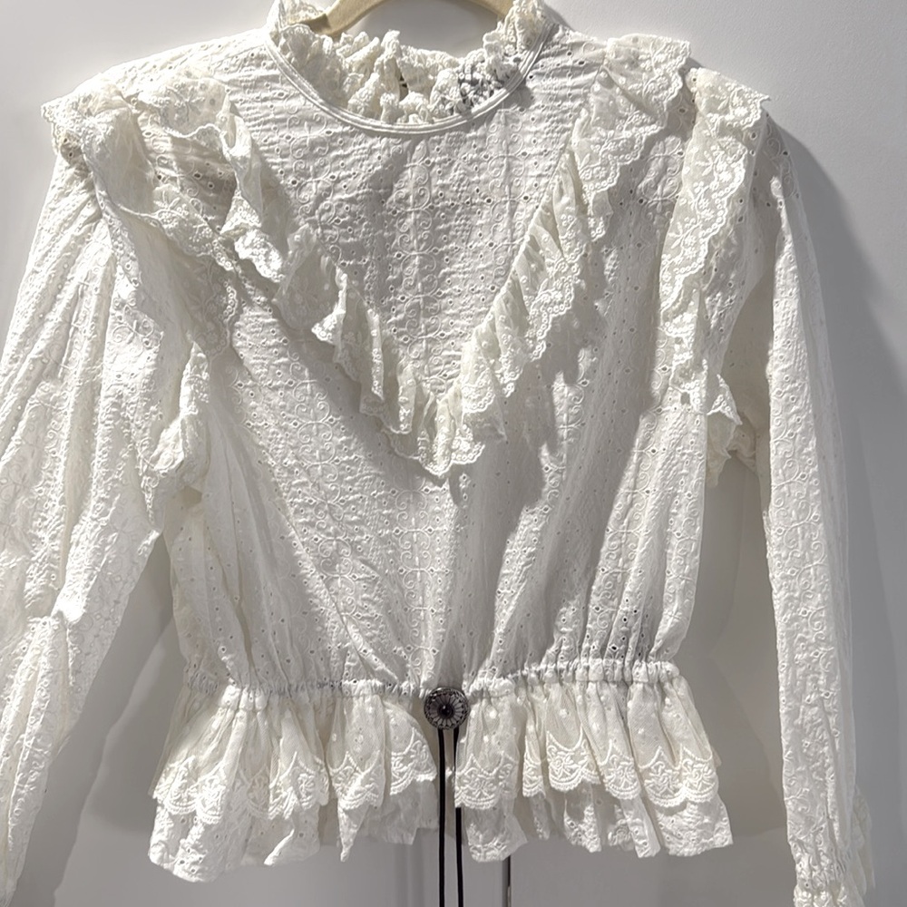 The Kooples western top lace and ruffle detail with tie belt detail in white